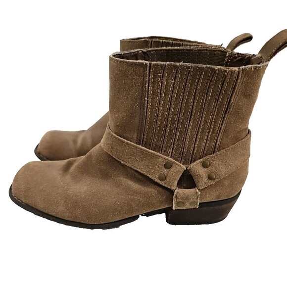 Very Volatile Boots Womens 8.5 Harness Strap Slip On Suede Wood Heel BoHo Casual - Picture 3 of 16